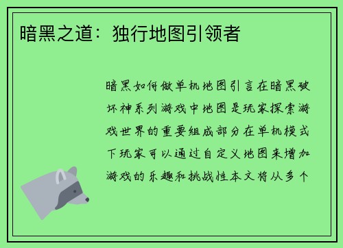 暗黑之道：独行地图引领者