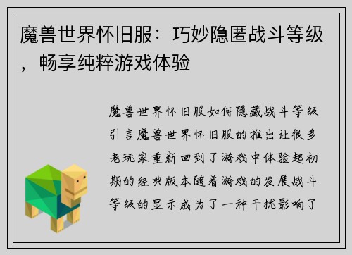 魔兽世界怀旧服：巧妙隐匿战斗等级，畅享纯粹游戏体验