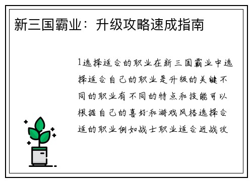 新三国霸业：升级攻略速成指南